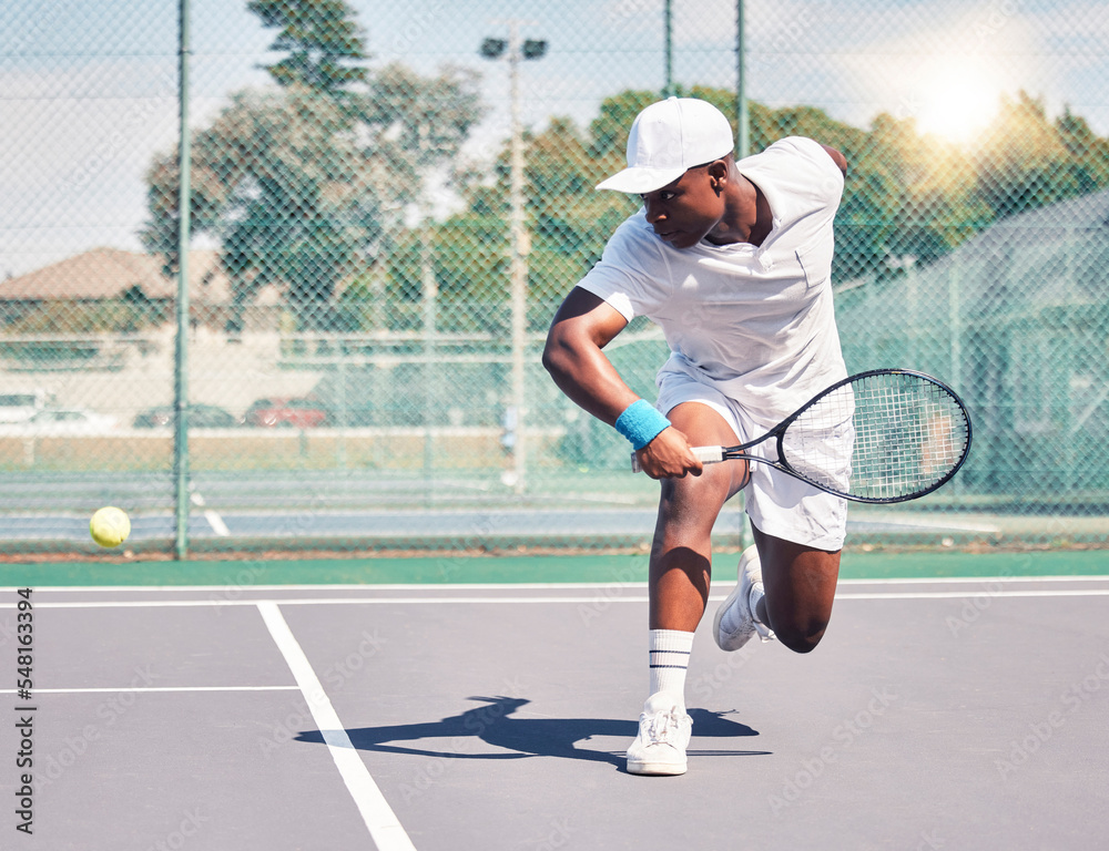 Black man, tennis and ball, fitness sport and racket with exercise, workout  and training outdoor in
