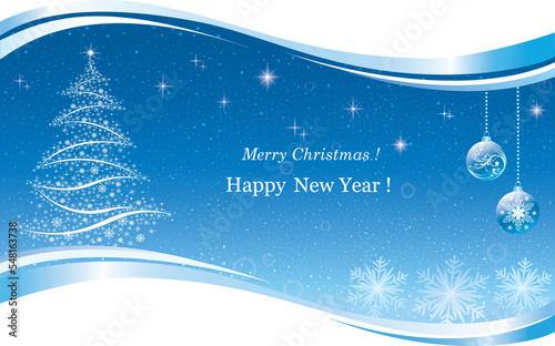 Merry Christmas and Happy New Year. Greeting card with Christmas tree on a blue background with snowflakes and balls, frame with wave pattern. Vector illustration.