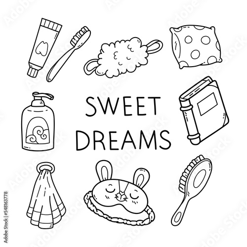 Cute vector collection of outline baby bathing and sleeping routine doodles