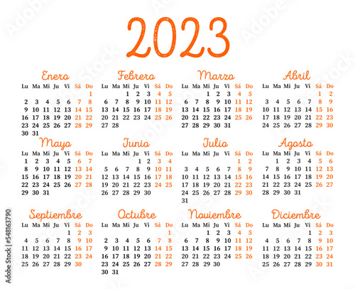 Spanish calendar for 2023. Week starts on Monday