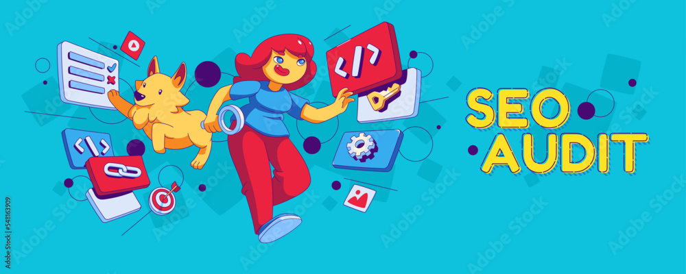 Fototapeta premium Seo audit banner, e-commerce, search engine optimization technology, auditing digital concept with contemporary female character, dog and media icons flying, Cartoon linear vector template