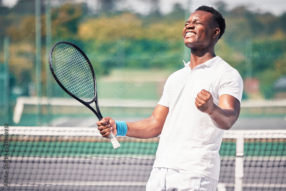 Sports man, tennis court and yes gesture for match success or competition achievement. Tennis player, winner and workout motivation, excited for healthy exercise and challenge celebration on court