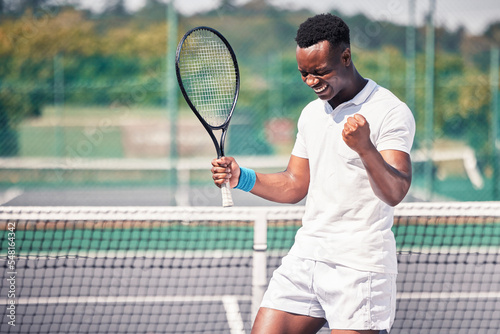 Tennis, sport and black man celebrate win, success and yes to winning game, happy athlete and fitness outdoor. Player on tennis court, winning and celebration with exercise and sports training.