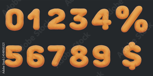 0-9 golden inflatable Helium foil numbers bread balloons style. vector illustration eps10