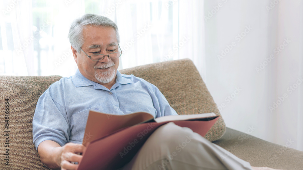Senior Male Reading novel book , smiling feel happy on sofa at home - lifestyle senior elderly people concept Senior Male Reading novel book , smiling feel happy on sofa at home - lifestyle senior elderly people concept