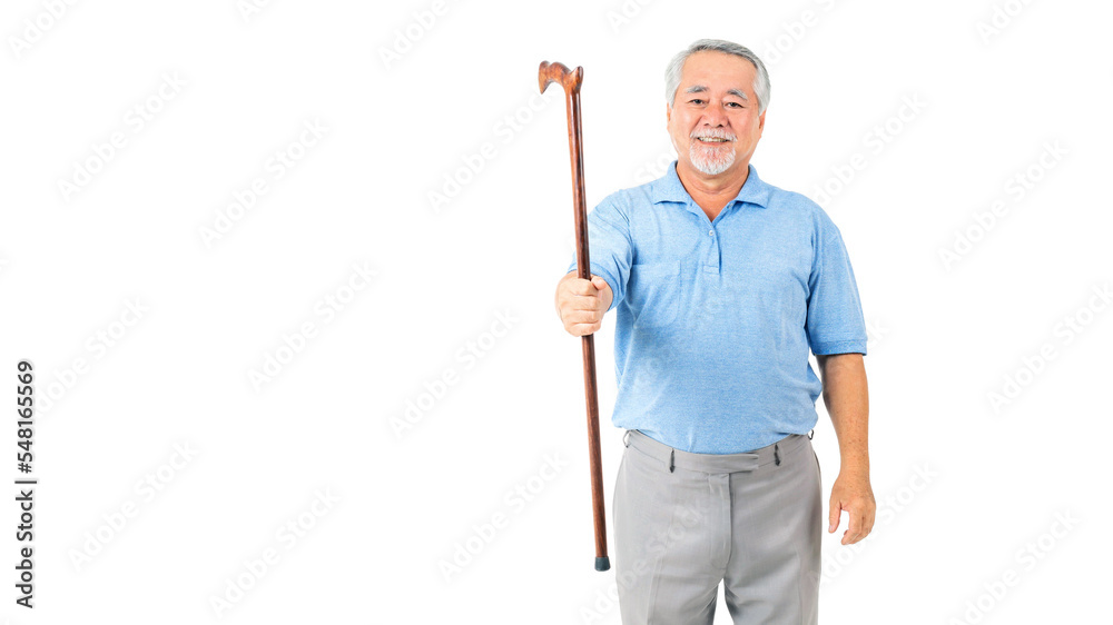 Portrait Asian senior man , old man , feel happy good health holding a walking stick isolated on white background - lifestyle senior male concept Portrait Asian senior man , old man , feel happy good health holding a walking stick isolated on white background - lifestyle senior male concept