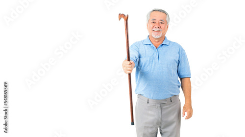 Portrait Asian senior man , old man , feel happy good health  holding a walking stick isolated on white background - lifestyle senior male concept