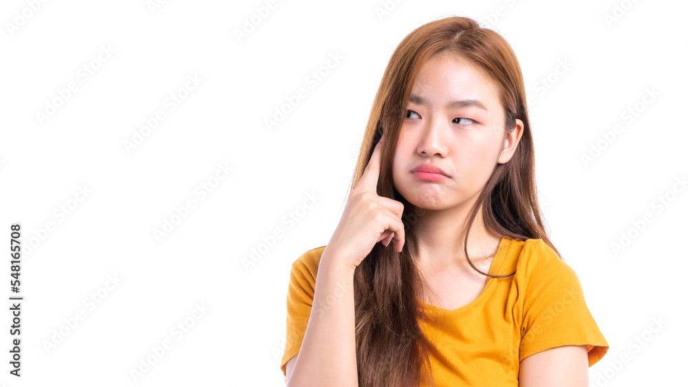 Young beautiful Asian woman pointed a finger to her head and smiled isolated on white background ,She shows that she is coming up with new plans to get her work done