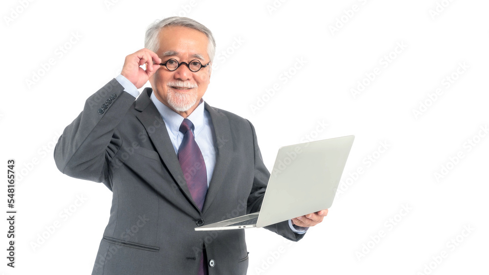 Asian senior businessman , senior man , old man wear glasses using laptop computer , smiling feel happy isolated on white background , concept for senior business success Asian senior businessman , senior man , old man wear glasses using laptop computer , smiling feel happy isolated on white background , concept for senior business success