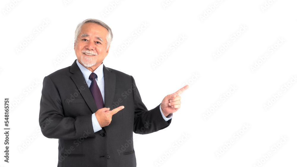 Asian senior businessman , old man with suit feel happy good health pointing finger to empty copy space for present product or blank space for advertising isolated on white background Asian senior businessman , old man with suit feel happy good health pointing finger to empty copy space for present product or blank space for advertising isolated on white background
