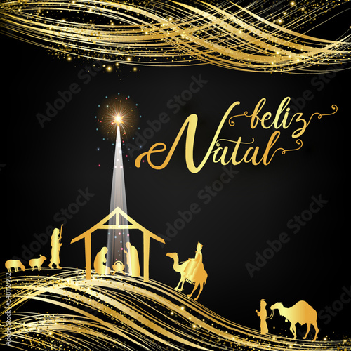 cartão ou banner no Feliz Natal em ouro em um fundo preto com glitter e um presépio com animais e os três reis em ouro