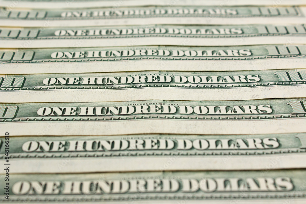 One hundred US dollars. Horizontal banner with a photo of a 100 USD paper note. American dream. USA cash. Money to payment for purchases, pay off a loan and debt. Green dollar bill. Banknote. One hundred US dollars. Horizontal banner with a photo of a 100 USD paper note. American dream. USA cash. Money to payment for purchases, pay off a loan and debt. Green dollar bill. Banknote.