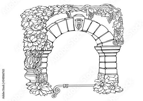 Vintage card with liana branches and stone arch. Vector illustration.