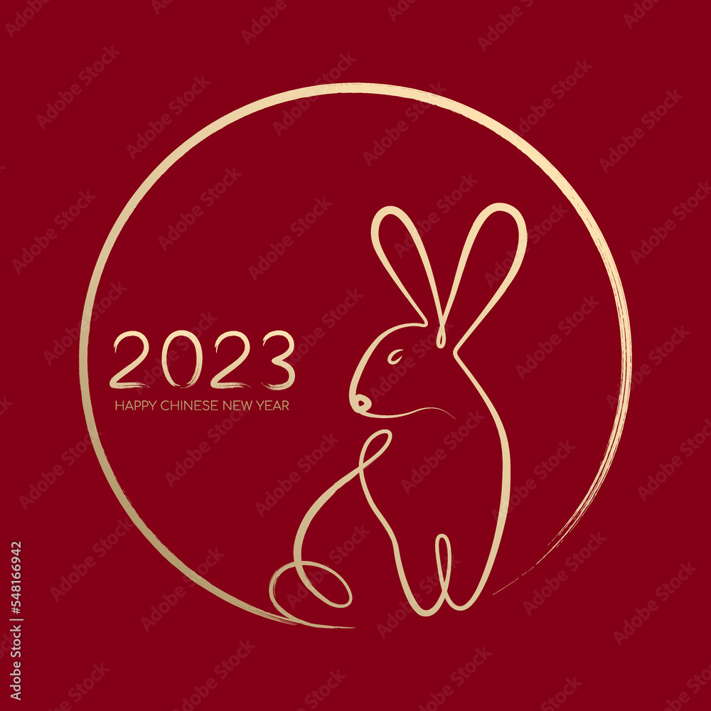 Obraz premium Happy Chinese New Year 2023, Year of the rabbit by brush stroke abstract paint continuous line gold gradient isolated on red background.