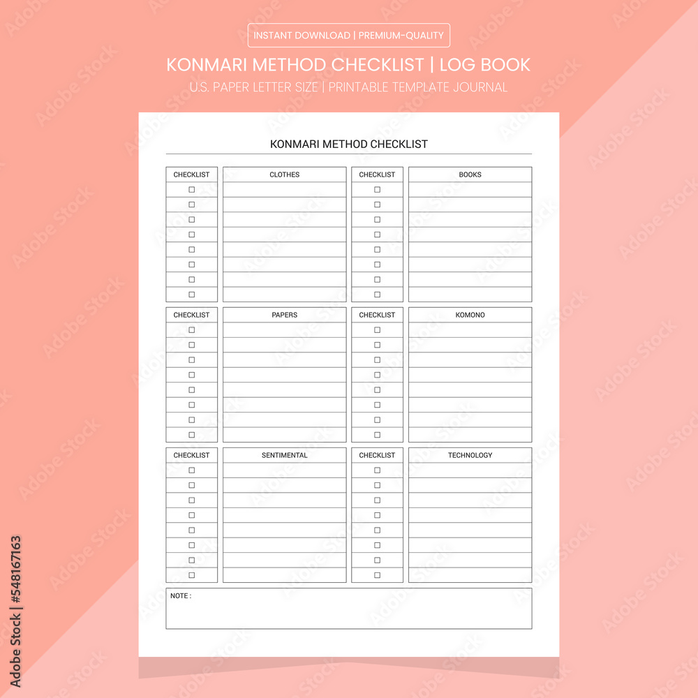 Konmari Method Checklist Log Book Konmari Method Notebook Printable