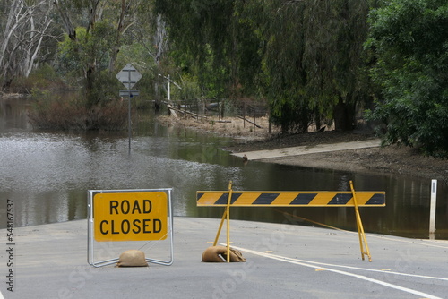 Road closed due to flooding of the Murray River on the Victorian and New South Wales Border