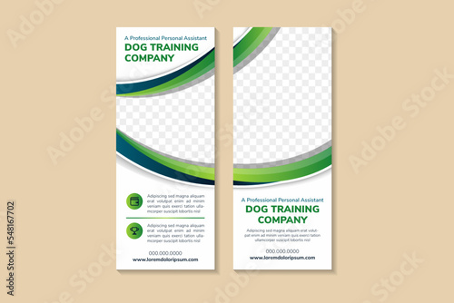 collection of dog training company roll up banner template. curve green and blue gradient color and fully marketing purpose design. attractive standee vertical layout banner. space for photo collage.