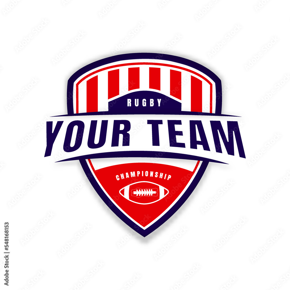 Logo emblem of rugby competition. rugby emblem on the background of shield. Sports club, team logo template. Badge, icon, ball, shield. Isolated vector illustration.