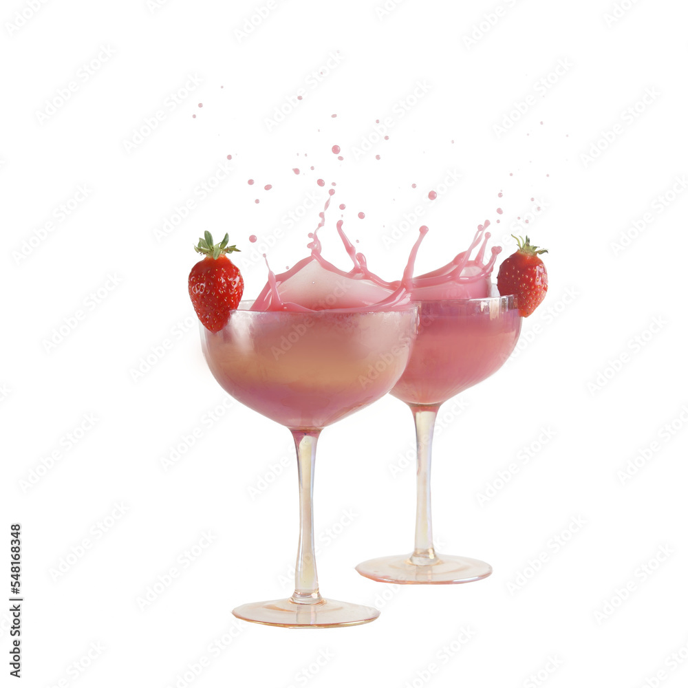 Glasses with pink cocktails with liquit  splashing and strawberries, isolated - obrazy, fototapety, plakaty 