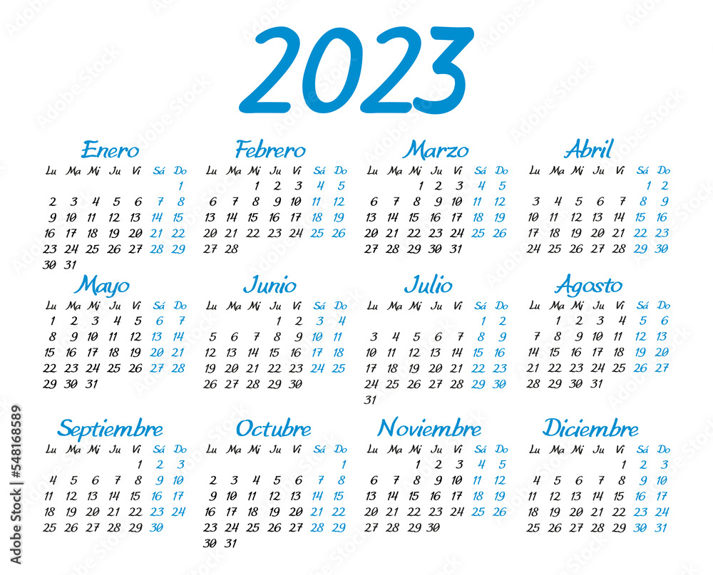 Vetor de Calendar 2023 in spanish. The week starts on Monday. Vector ...