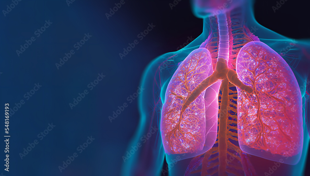 Holographic concept of lung cancer display, lung disease, treatment of lung cancer, lung illness such as pneumonia, viral infections or cancer  3d rendering - obrazy, fototapety, plakaty 