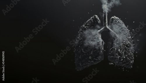 Pollution and lung disease concept, heavy polluted air impact on lungs causing cancer and multiple illnesses, respiratory system collapse  3d rendering photo