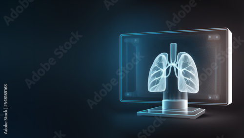 Holographic concept of lung cancer display, lung disease, treatment of lung cancer, lung illness such as pneumonia, viral infections or cancer 3d rendering
