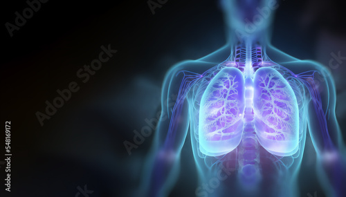 Holographic concept of lung cancer display, lung disease, treatment of lung cancer, lung illness such as pneumonia, viral infections or cancer  3d rendering photo