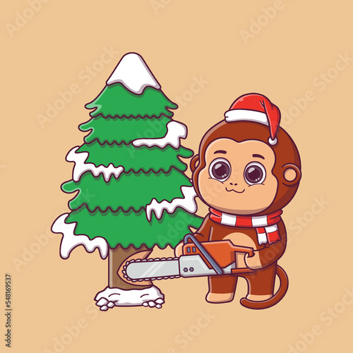 cute monkey cutting pine tree with chainsaw