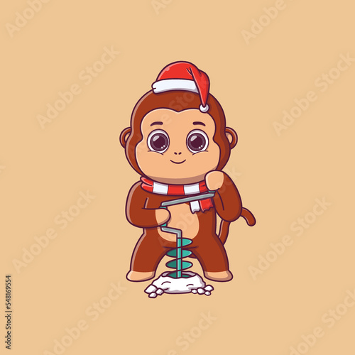 cute monkey drilling a hole with ice auger on a frozen lake