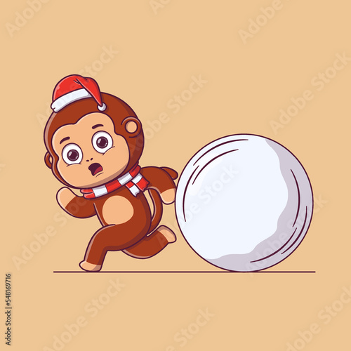 cute monkey running away from a big snowball
