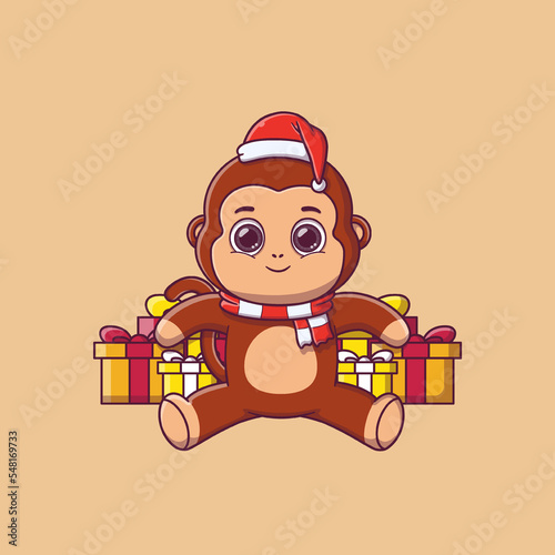 cute monkey sitting in front of christmas gifts