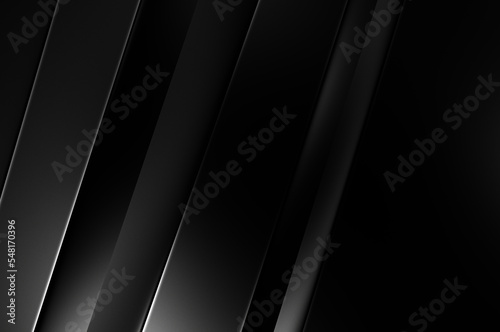 3d style black background with geometric layers. Abstract dark futuristic wallpaper. Elegant glossy stripes backdrop. Geometrical template design for poster, brochure, presentation, website.