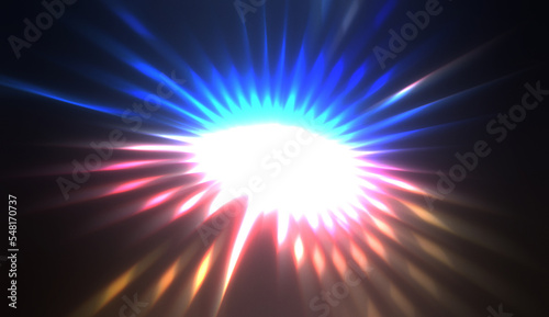 Spectacular light show. Colorful and vibrant particle explotion with glowing rays of light. Multicolored star burst.