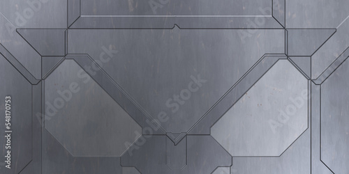 Fototapeta Naklejka Na Ścianę i Meble -  Futuristic conceptual design background. Spaceship texture wallpaper. Brushed technology pattern surface. 3D illustration. Symmetrical SciFi panels wall.