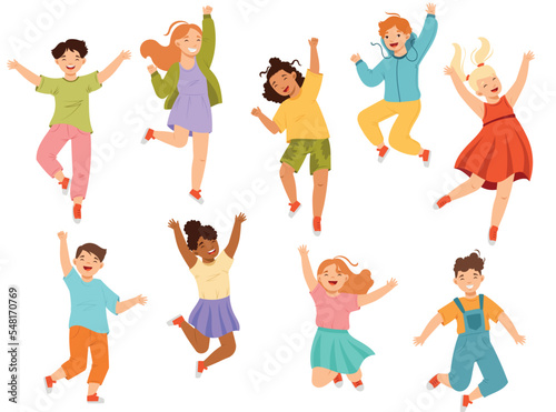 Jumping Kids Feeling Happiness and Excitement Having Fun Vector Set