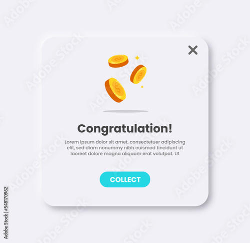 Reward pop up illustration in light neomorphic design style. User interface element.