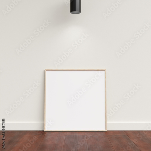 Minimal poster picture frame mockup leanings against the white wall. Blank frame mockup. Clean, modern, minimal frame. 3d rendering.