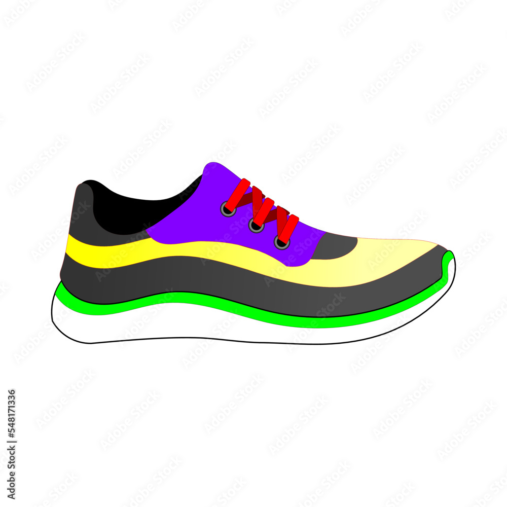 Purple, black and yellow shoes isolated on white background. Bright Sport sneakers symbol. Vector illustration. Purple, black and yellow shoes isolated on white background. Bright Sport sneakers symbol. Vector illustration.