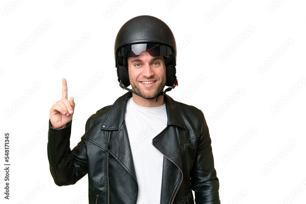 Young caucasian man with a motorcycle helmet isolated on green chroma background pointing up a great idea Young caucasian man with a motorcycle helmet isolated on green chroma background pointing up a great idea