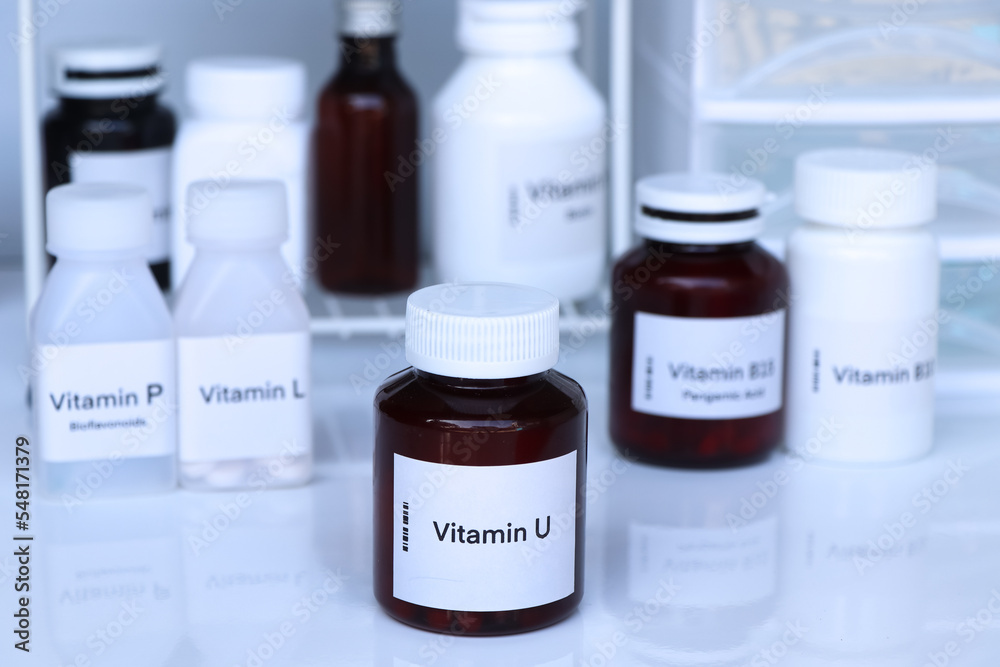 vitamin U pills in a bottle, food supplement for health vitamin U pills in a bottle, food supplement for health