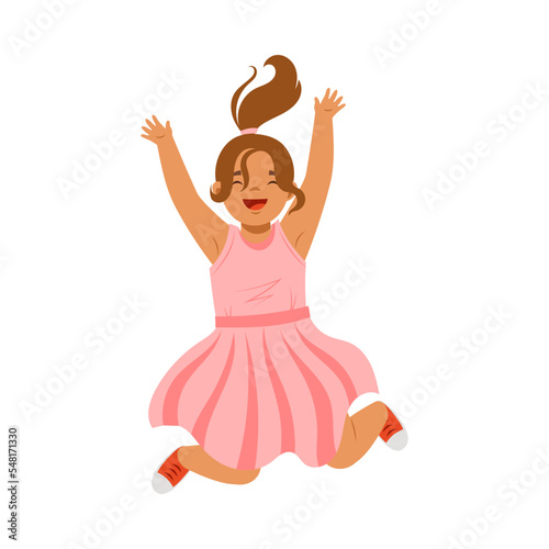 Jumping Girl in Pink Dress Feeling Happiness and Excitement Having Fun Vector Illustration