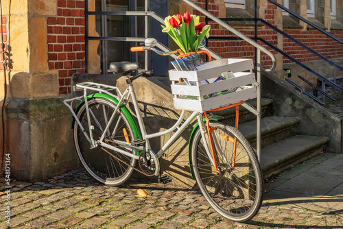 Vivid coloured bicycle by the porch in the street photo