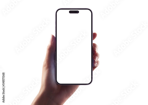 Leinwand Poster Hand holding Smartphone iPhone 14 pro as png photo and isolated on white backgro