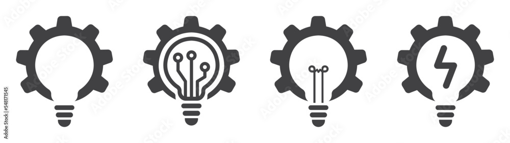 Set of light bulbs with gears. Light bulb idea icon, working mechanisms. Gear and light bulb creative logo. Light bulb with cogwheel. Vector illustration. Set of light bulbs with gears. Light bulb idea icon, working mechanisms. Gear and light bulb creative logo. Light bulb with cogwheel. Vector illustration.