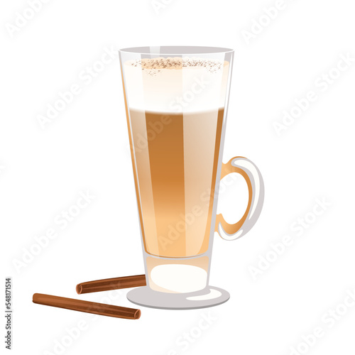 Hot latte coffee in a glass cup with cinnamon.Vector illustration.