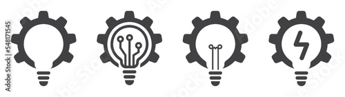 Set of light bulbs with gears. Light bulb idea icon, working mechanisms. Gear and light bulb creative logo. Light bulb with cogwheel. Vector illustration.