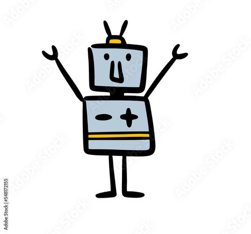 Doodle illustration of robot in childish hand drawn style.