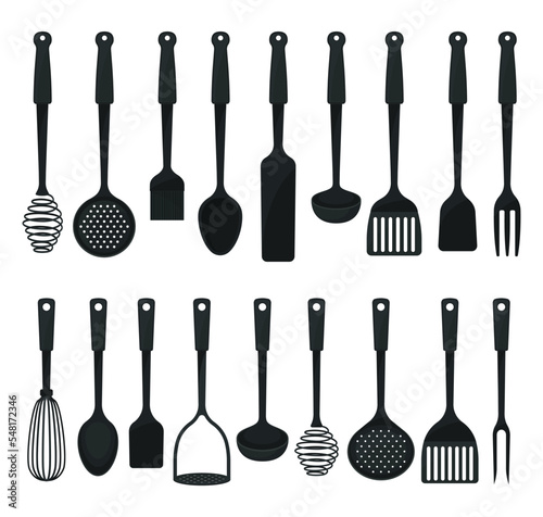 Set of black plastic kitchen tools. Kitchenware utensils collection vector