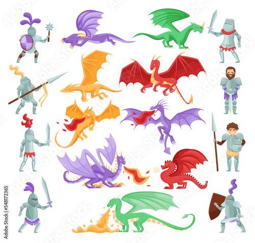 Knight fighting with dragons set. Fantasy fairytale medieval characters cartoon vector